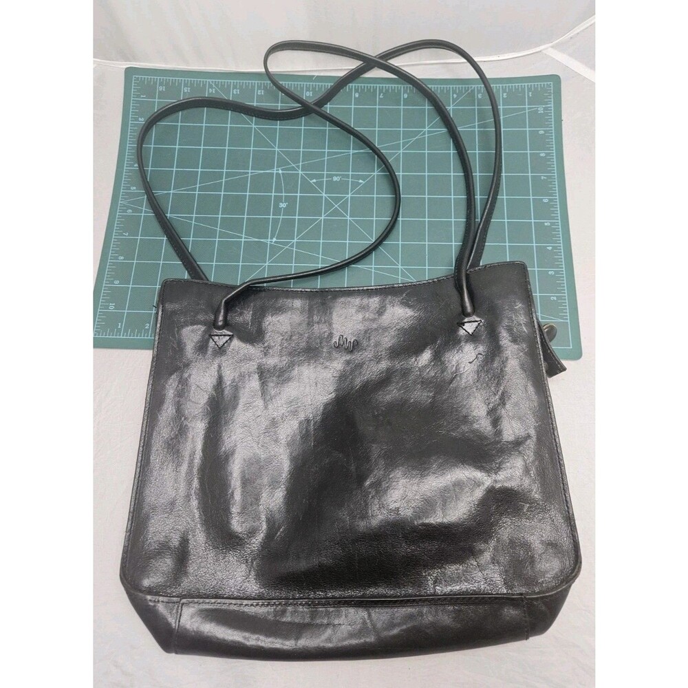 Vintage Monsac Tote Shoulder Handbag Black Glossy Leather